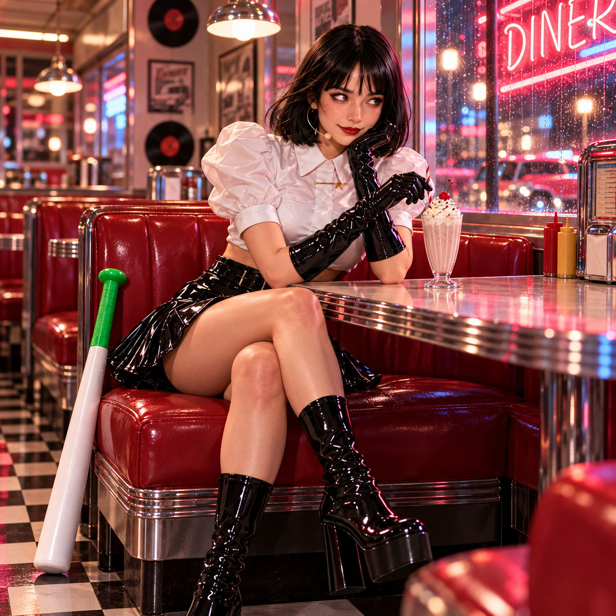 Claudia in a red diner booth with a milkshake, baton leaning beside her